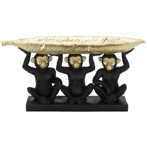 Scultura Tre Scimmie Sagge Con Vassoio A Foglia In Resina Nera E Oro - Foto 1