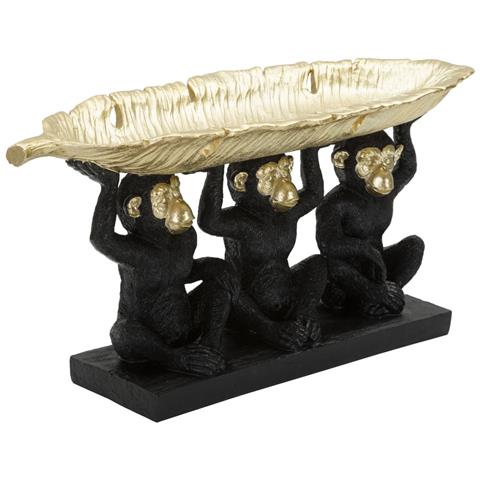 Scultura Tre Scimmie Sagge Con Vassoio A Foglia In Resina Nera E Oro - Foto 2