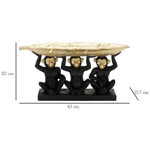 Scultura Tre Scimmie Sagge Con Vassoio A Foglia In Resina Nera E Oro - Foto 7