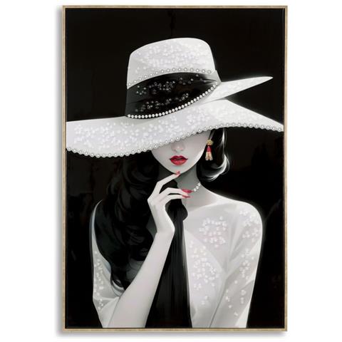 Dipinto Su Tela Marty B2 Dama Con Cappello Bianco Su Sfondo Nero, 62x92 Cm - Foto 1