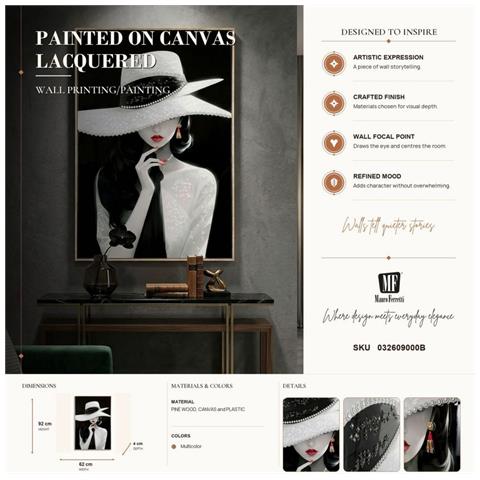 Dipinto Su Tela Marty B2 Dama Con Cappello Bianco Su Sfondo Nero, 62x92 Cm - Foto 8