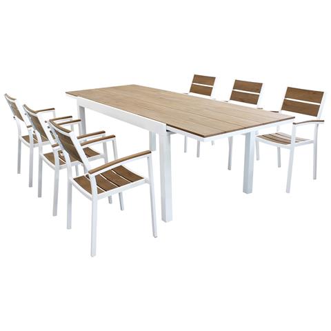 Set Tavolo Giardino Allungabile Rettangolare 160/240 X 90 Con 6 Poltrone In Alluminio Bianco E Polywood Da Esterno - Foto 1
