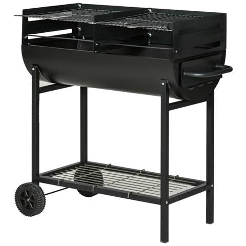Barbecue in Acciaio con 2 Griglie Indipendenti 2 Ruote e Ripiano Inferiore Nero 90x45x96 cm - Foto 1