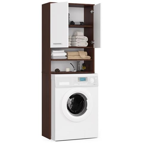Mobile Alto, Collona da Bagno FIN per Lavatrice, 2 ante, 64x30x180 cm, Weng? e Bianco - Foto 2