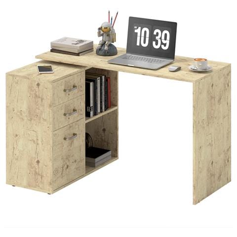 Scrivania Angolare per PC con 3 Cassetti e Ripiani Aperti, in Legno e Metallo, 117x83.5x76 cm, Noce - Foto 1