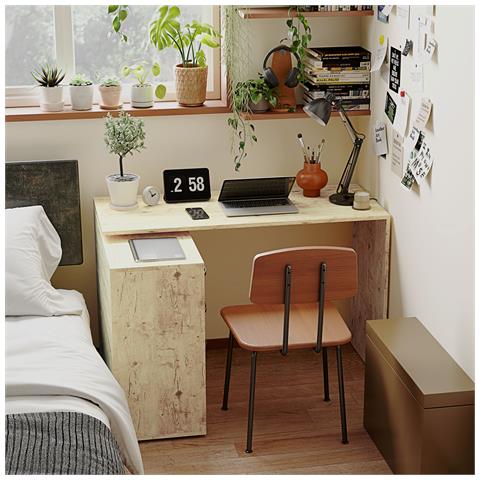 Scrivania Angolare per PC con 3 Cassetti e Ripiani Aperti, in Legno e Metallo, 117x83.5x76 cm, Noce - Foto 2