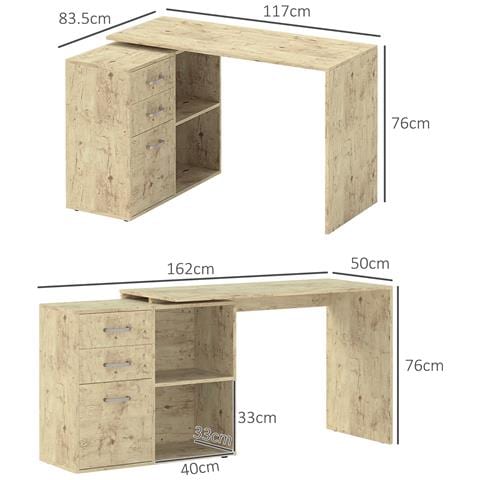 Scrivania Angolare per PC con 3 Cassetti e Ripiani Aperti, in Legno e Metallo, 117x83.5x76 cm, Noce - Foto 6