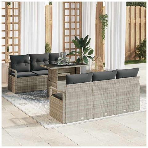 Set di Divani da Giardino  7 Pezzi con Cuscini in Rattan Polyrattan Grigio Chiaro, Divano da Giardino 2 Posti  con Riserva e Cuscini in Rattan Polyrattan Grigio - Foto 2
