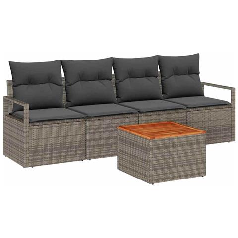 Set Divano da Giardino a 5 Pezzi con Cuscini Grigio Polyrattan Acacia, Divano da Giardino a 2 Posti con Cuscini Grigio Polyrattan - Foto 1