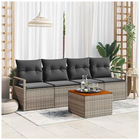 Set Divano da Giardino a 5 Pezzi con Cuscini Grigio Polyrattan Acacia, Divano da Giardino a 2 Posti con Cuscini Grigio Polyrattan - Foto 2