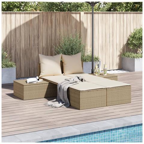Lettino Prendisole con Cuscini Beige in Polyrattan - Foto 2