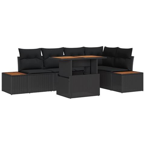 Set da Pranzo da Giardino con Cuscini da 6 Pezzi Nero in Polyrattan e Acacia - Foto 1