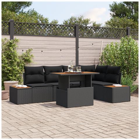 Set da Pranzo da Giardino con Cuscini da 6 Pezzi Nero in Polyrattan e Acacia - Foto 2