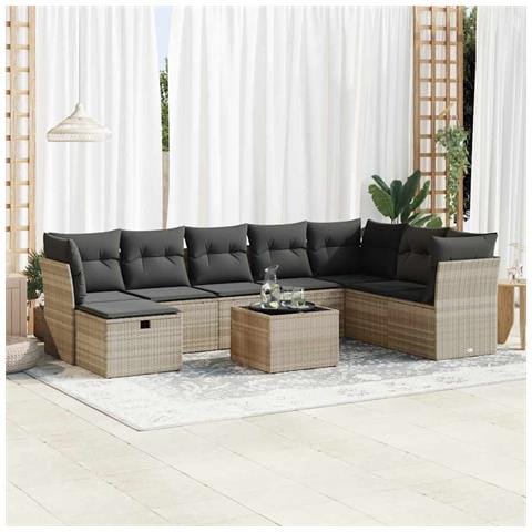 Set Divano da Giardino 9pz con Cuscini Grigio Chiaro Polyrattan - Foto 2