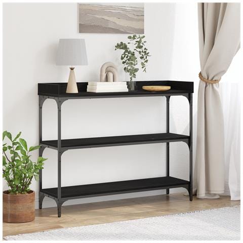 Tavolino Consolle Nero Rovere 100x30x80 cm Legno Ingenerizzato e Acciaio - Foto 2