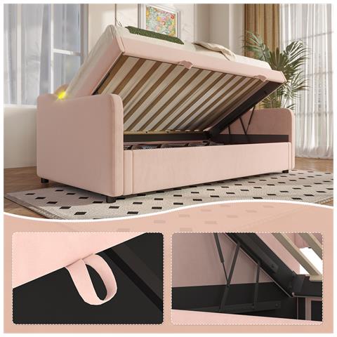 Letto Da Giorno 90x200cm, Divano Letto, Letto Idraulico, Con Contenitore, Striscia Led Cambia Colore, Letto Singolo (senza Materasso), Velluto, Rosa - Foto 1