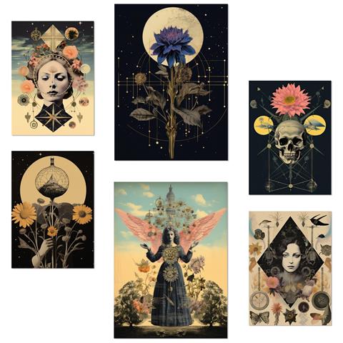 Set Di 6 Stampe Collage Surreale In Illustrazioni Floreali, Mistiche Ed Esoteriche Per Le Pareti Delle Stanze Della Tua Casa A3 & A4 Senza Cornice - Foto 1