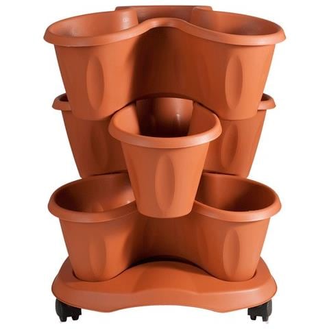 Set Composto Da 3 Vasi Sovrapponibili In Polipropilene Color Terracotta E 1 Sottovaso Con Ruote - Foto 4