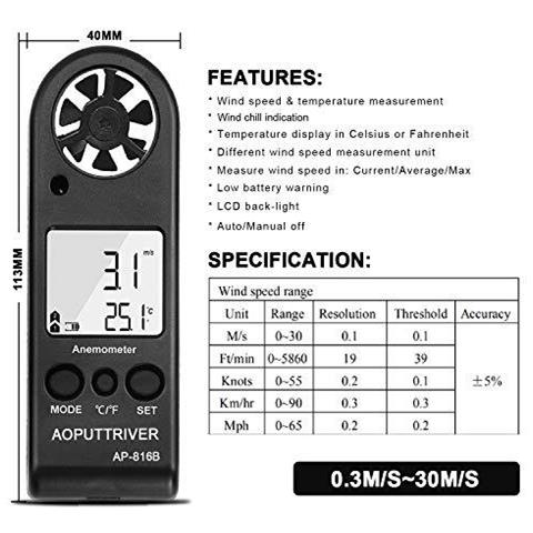 Speed Meter Digital Vento Dellanemometro Tenuto In Mano Per La Misurazione Della Velocit Del Vento Temperatura E Max Media Corrente Alta Precisione Di Misurazione Per Windsurf Vela Pesca Attivit-ap-816b (nero) - Foto 2