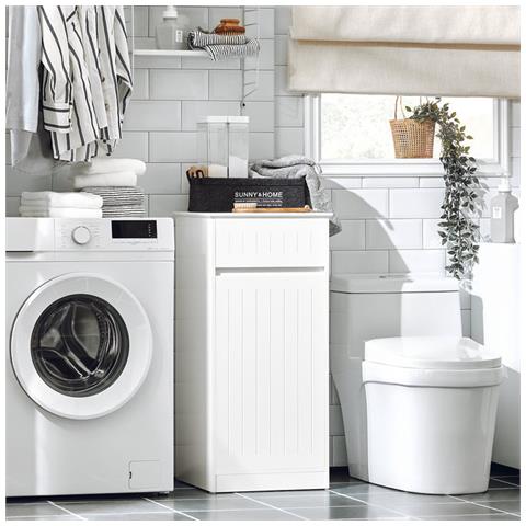 Mobile Lavanderia Con Cesto Portabiancheria Apribile, Cesto Portabiancheria Con Un Cassetto, Mobiletto Bagno Bianco 40x39x86cm Bzr110-w - Foto 5