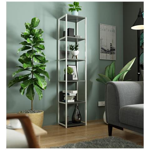 Scaffale stile loft con ripiani in legno, 6 ripiani, 40x32x192 cm, Colore Bianco e Grigio - Foto 5