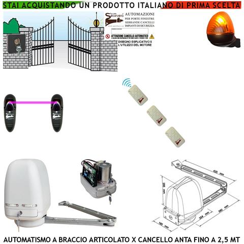 Cancello Elettrico Kit Motore A Braccio Articolato 220/24 V Anta Battente Da 0,5 A 2,5 Mt Centrale 3 Radiocomandi Faro - Foto 1
