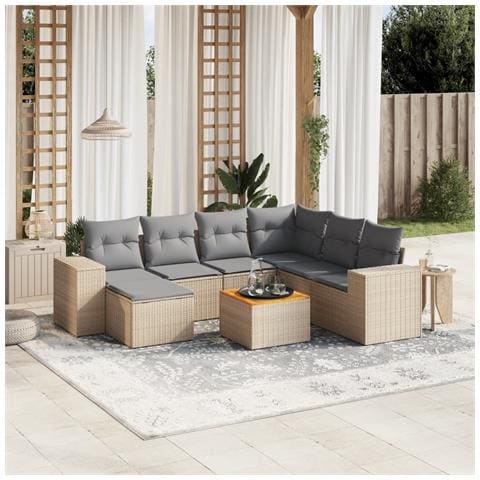 Set Divano Da Giardino 8 Pz Con Cuscini Beige In Polyrattan - Foto 1