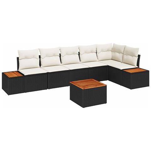Set di divani da giardino da 7 pezzi con cuscini in polyrattan nero acacia - Foto 1