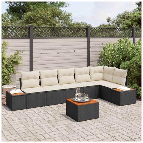 Set di divani da giardino da 7 pezzi con cuscini in polyrattan nero acacia - Foto 2