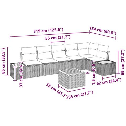 Set di divani da giardino da 7 pezzi con cuscini in polyrattan nero acacia - Foto 9