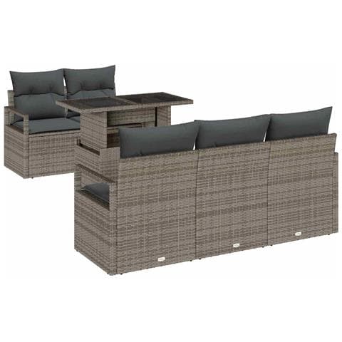 Set Divano da Giardino 6 Pezzi con Cuscini Grigio Rattan Poliestere, Divano da Giardino 2 Posti con Cuscini Grigio Rattan Poliestere - Foto 1