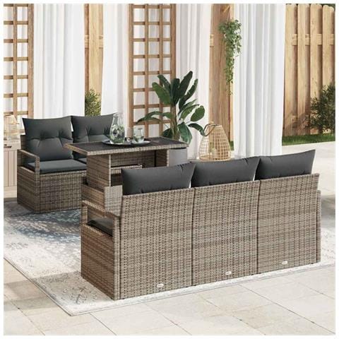 Set Divano da Giardino 6 Pezzi con Cuscini Grigio Rattan Poliestere, Divano da Giardino 2 Posti con Cuscini Grigio Rattan Poliestere - Foto 2