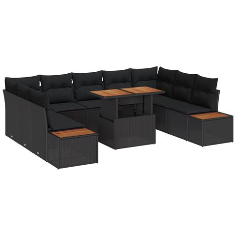 Set da Pranzo per Giardino da 10 Pezzi con Cuscini Nero Rattan Polivalente Acacia - Foto 1