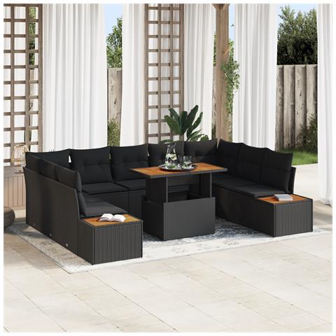 Set da Pranzo per Giardino da 10 Pezzi con Cuscini Nero Rattan Polivalente Acacia - Foto 2