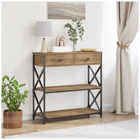 Tavolino in Legno di Quercia Artigianale 75x28x75 cm in Legno Ingegnerizzato e Acciaio - Foto 2