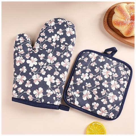 Set Di Guanti Da Forno E Presine In Lino Di Cotone - Guanti Resistenti Al Calore Navy Blue - Foto 3