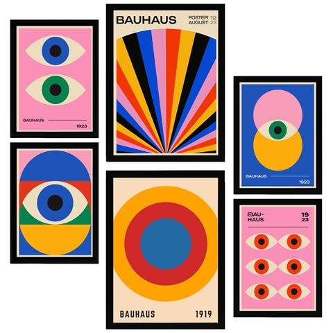 Set Di 6 Stampe Pittura Decorativa Con Forme Geometriche Bauhaus E Occhi Incorniciati Con Illustrazioni Di Design Per Le Pareti A3 & A4 Cornice Nera - Foto 1