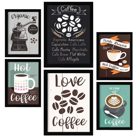 Set Di 6 Stampe Caffè Illustrazioni A Colori Di Caffè E Bevande In Cartelloni Pubblicitari Per La Casa A3 & A4 Cornice Nera - Foto 1