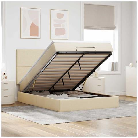 Struttura Letto Pouf con Materasso Crema 140x190 cm in Tessuto - Foto 2
