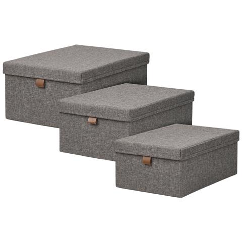 Set 3 Scatole Noto In Tessuto Grigio Scuro Con Coperchio E Linguetta In Ecopelle - Foto 1