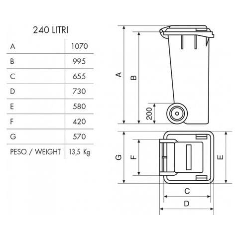 Bidone carrellato blu per la raccolta differenziata rifiuti 240 Lt con ruote e coperchio UNI EN 840 per rifiuti e riciclo - Foto 2