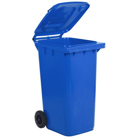 Bidone carrellato blu per la raccolta differenziata rifiuti 240 Lt con ruote e coperchio UNI EN 840 per rifiuti e riciclo - Foto 1