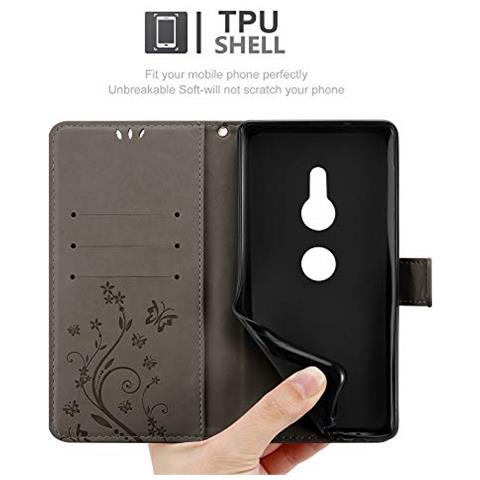 Custodia Compatibile Con Sony Xperia Xz2 In Grigio Fiore - Coperchio Protettivo In Design Floreale Con Chiusura Magnetica, Funzione Stand E Slot Per Carte - Foto 2