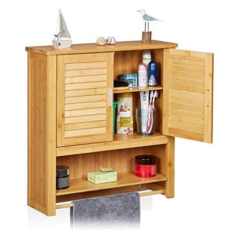 Pensile Bagno Lamell In Bambã¹ Con Porta Asciugamani 3 Ripiani 2 Ante Mobiletto 66 X 62 X 20 Cm Naturale - Foto 1