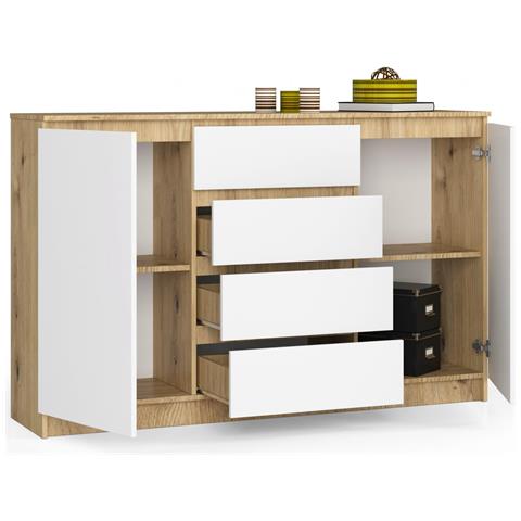 Cassettiera K160, 2 ante e 4 cassetti, 160x40x99 cm, Colore Quercia Artisan e Bianco - Foto 2