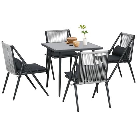 Set Da Giardino Con 4 Sedie Con Cuscini E Tavolo Da Pranzo Quadrato In Vetro, Grigio Scuro - Foto 1