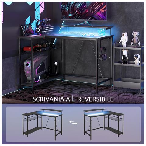 Scrivania Angolare Reversibile con LED, Prese di Corrente e Prese USB, Ripiani e Supporto Monitor, Nero - Foto 6