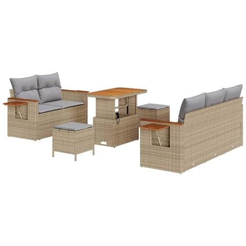 Set di divani da giardino 8 pezzi con cuscini beige polyrattan acacia, Set da pranzo da giardino 3 pezzi con cuscini beige polyrattan acacia - Foto 1