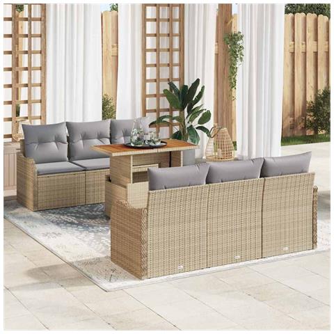 Set di divani da giardino da 7 pezzi con cuscini in rattan beige,  Divano da giardino per 2 persone con cuscini in rattan beige - Foto 2