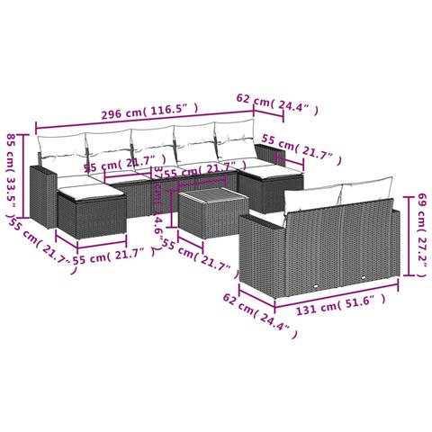 Set Divani da Giardino 10pz con Cuscini in Polyrattan Nero - Foto 3